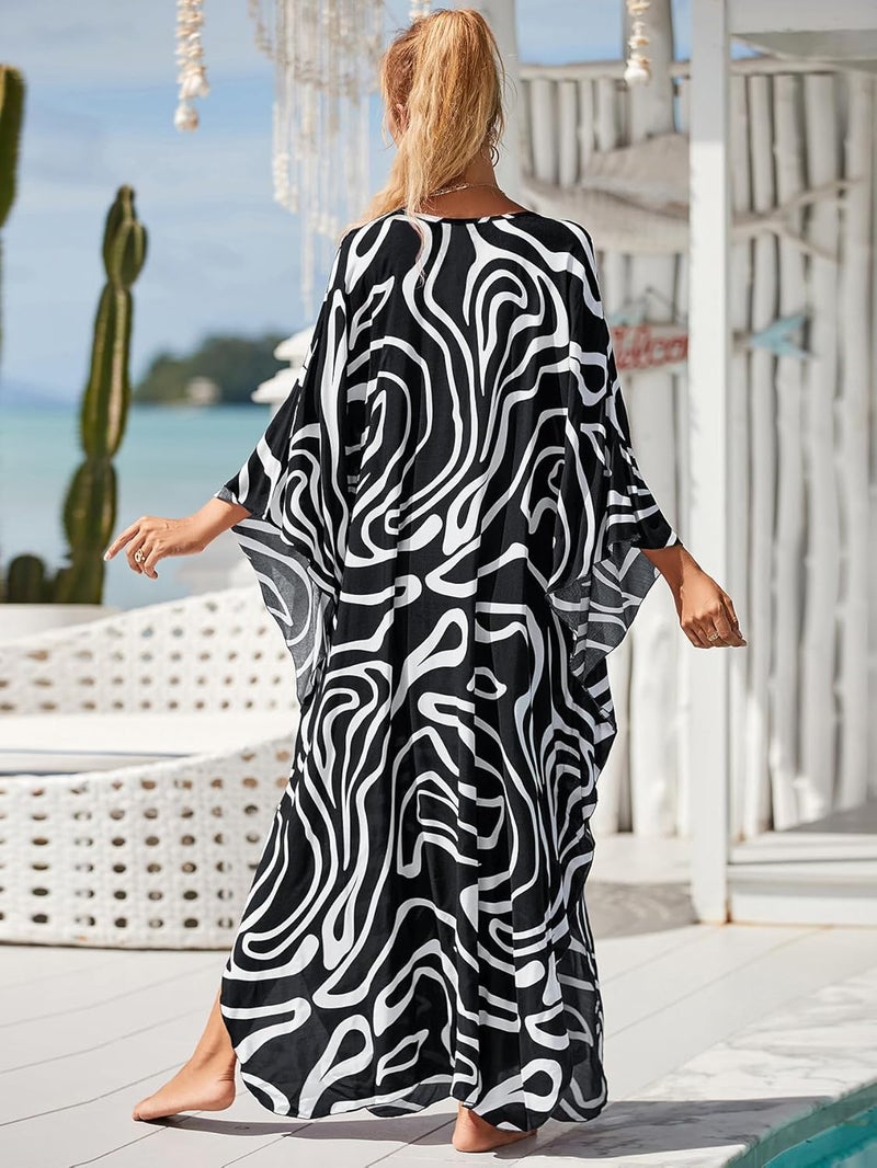 IMAGEKOPE Women's Plus Size Animal Print V-Neck Batwing Kaftan Beach Dress Bathing Suit Cover-Up Loungewear - Image 5